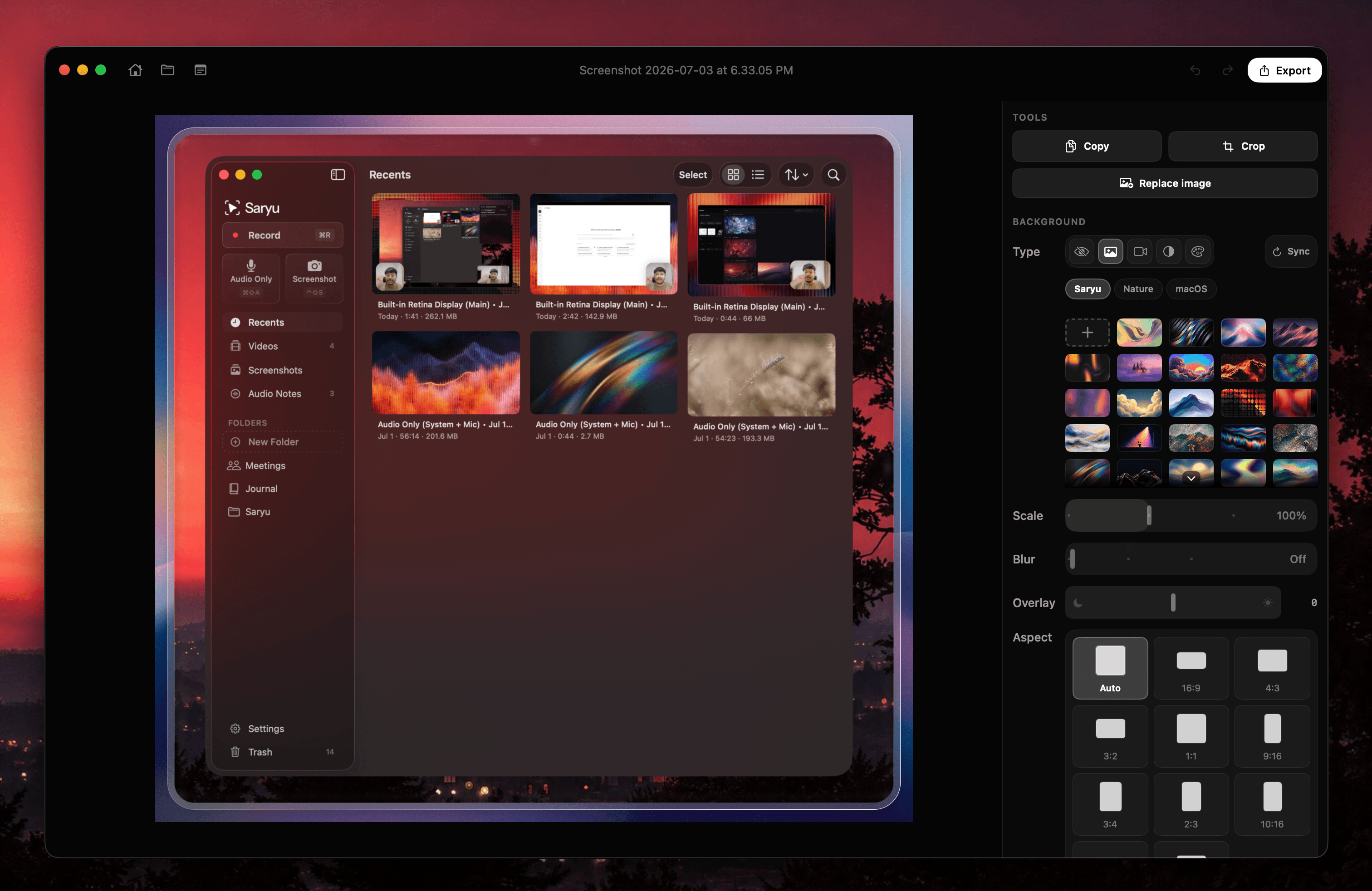 Saryu screenshot editor with styled product still