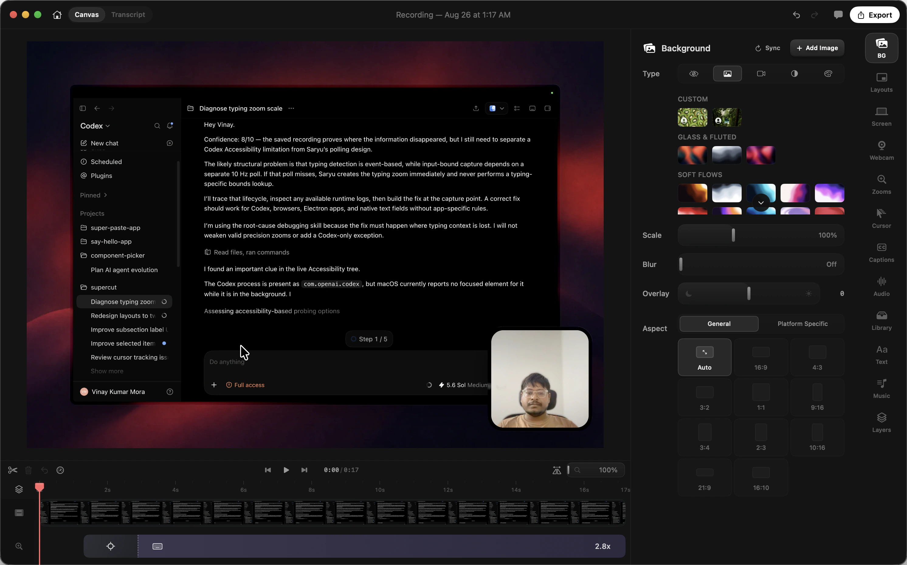 Saryu editing a screen recording with a webcam, timeline, and background controls